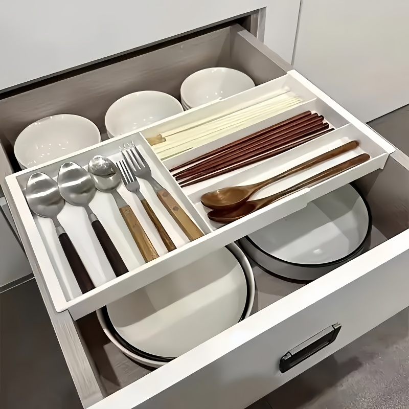 Drawer Organizer Peg - กล่องจัดระเบียบแบบแบ่งช่อง, ถาดเก็บของอเนกประสงค์ในครัวเรือน, ถาดพลาสติกแบบถอดได้, กล่องเก็บของแบบลิ้นชักยืดหดได้