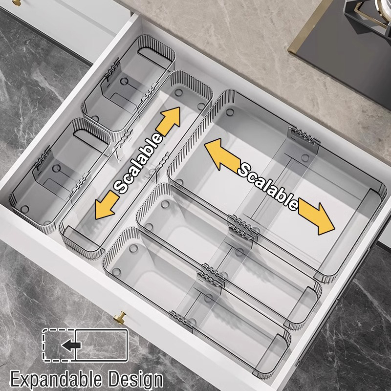 Drawer Organizer Peg - กล่องจัดระเบียบลิ้นชักแบบขยายได้ – กล่องแบ่งช่องพลาสติกแบบโมดูลสำหรับเก็บอุปกรณ์ครัว เครื่องสำอาง ห้องน้ำ และอุปกรณ์สำนักงาน